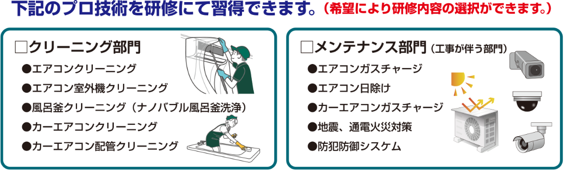 以下のプロ技術を研修にて習得できます。希望により研修内容の選択ができます。　□クリーニング部門 ●エアコンクリーニング●エアコン室外機クリーニング●風呂釜クリーニング（ナノバブル風呂釜洗浄） ●カーエアコンクリーニング●カーエアコン配管クリーニング　□メンテナンス部門（工事が伴う部門） ●エアコンガスチャージ●エアコン日除け●カーエアコンガスチャージ ●地震、通電火災対策●防犯防御シスケム